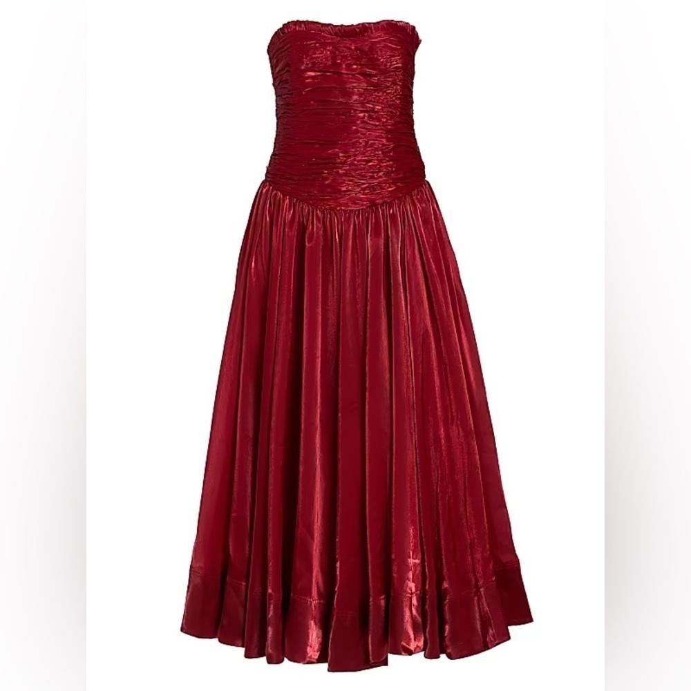 NWT Aje Regent Drop Waist Ruched Strapless A Line Midi Dress Garnet Red